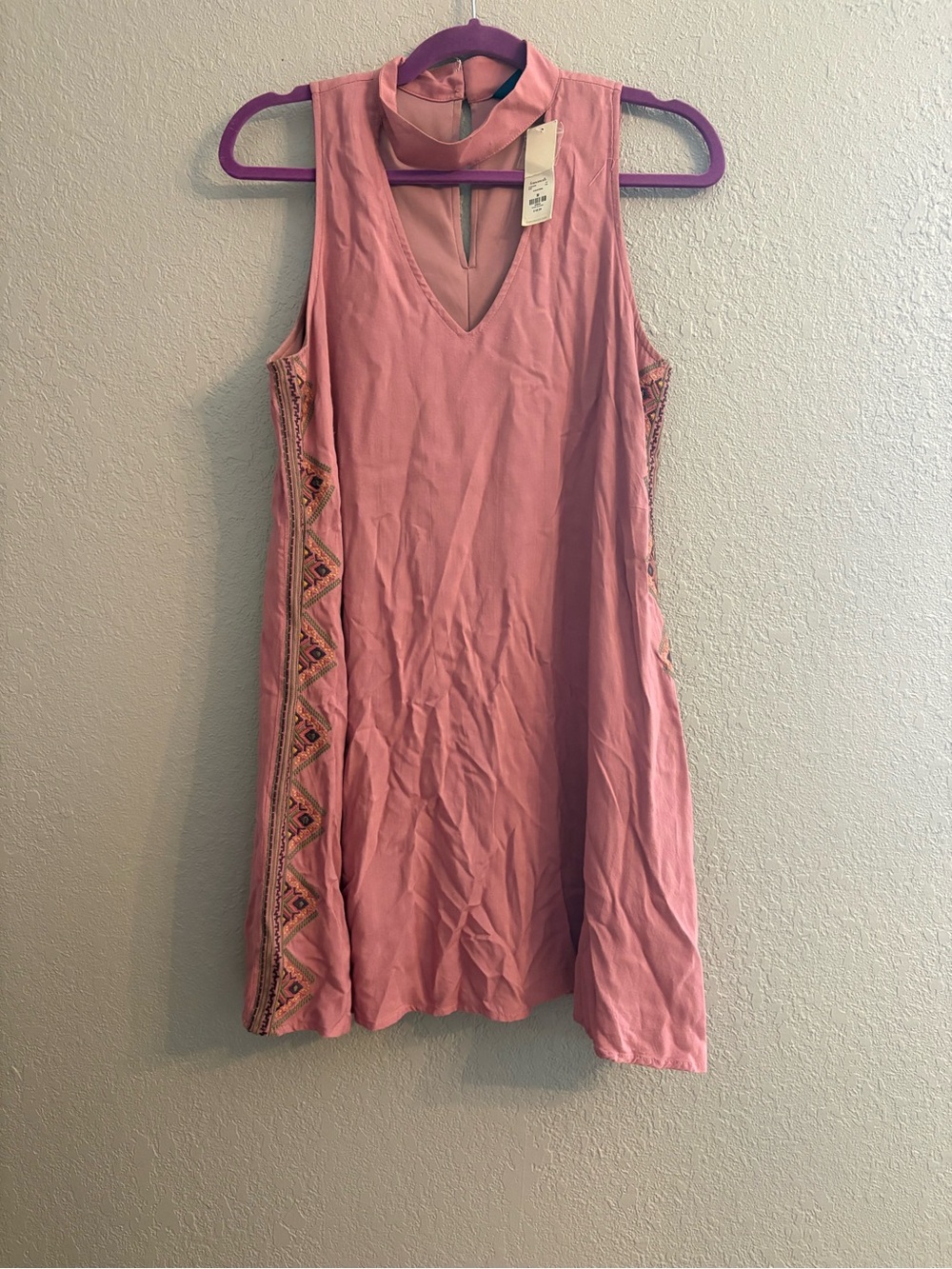 Francesca's Collections Pink Embroidered Choker Mini Dress